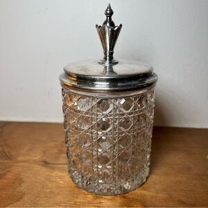 Cut Crystal Glass Jar with Silver-Tone Lid Crown Detail 6.5"x3"